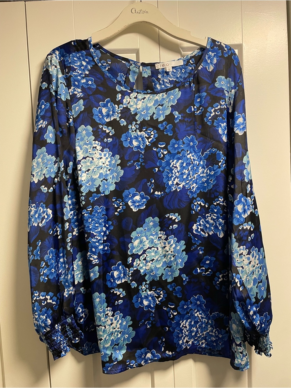 Cleo Satin Floral Smocked Ruffle Cuff Blouse Top Size XL